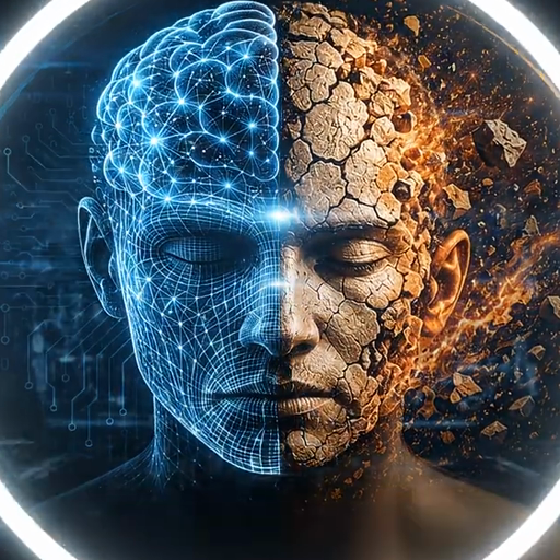 Mind and Matter — a human head, half neural network, half matter